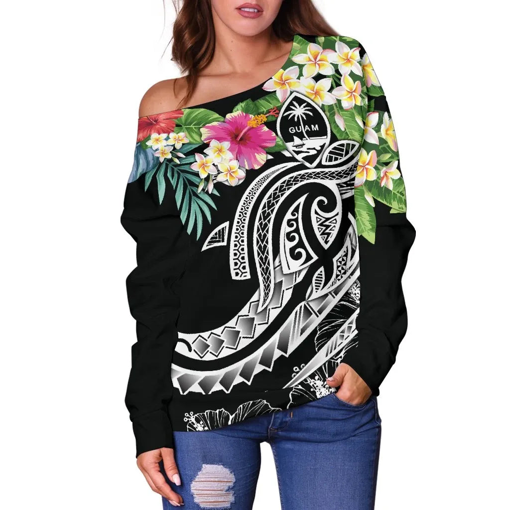 Guam Polynesian Women Off Shoulder Sweater - Summer Plumeria (Black)