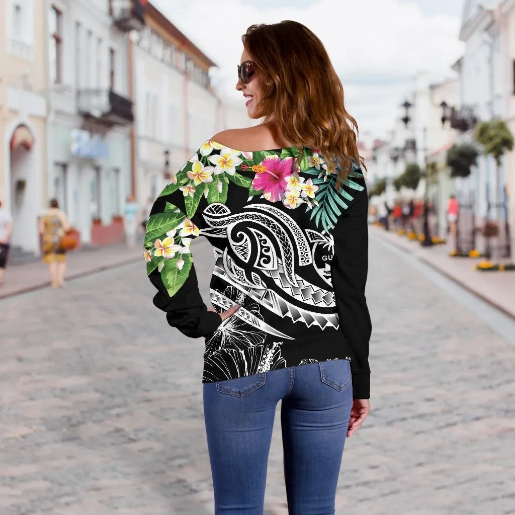 Guam Polynesian Women Off Shoulder Sweater - Summer Plumeria (Black)