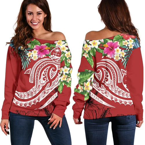 Guam Polynesian Women Off Shoulder Sweater - Summer Plumeria (Black)