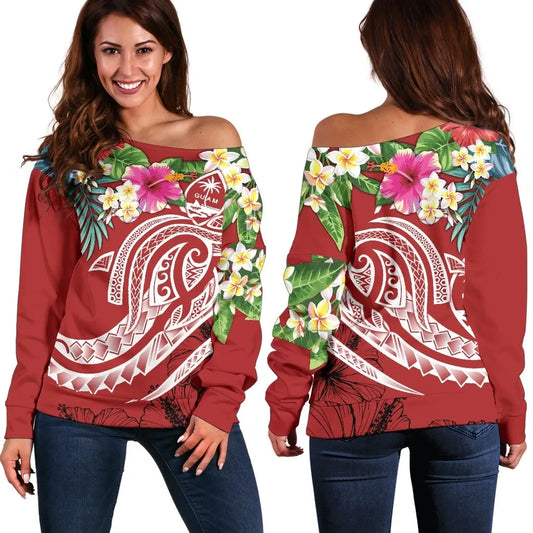Guam Polynesian Women Off Shoulder Sweater - Summer Plumeria (Black)