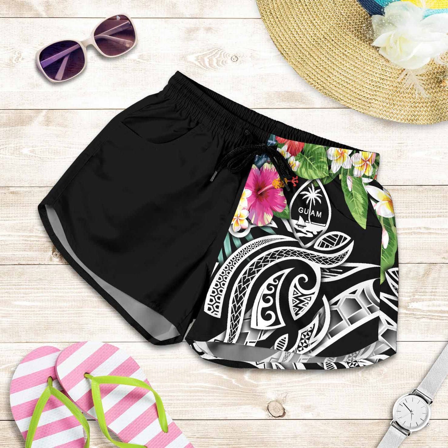 Guam Polynesian Women Shorts - Summer Plumeria (Black)