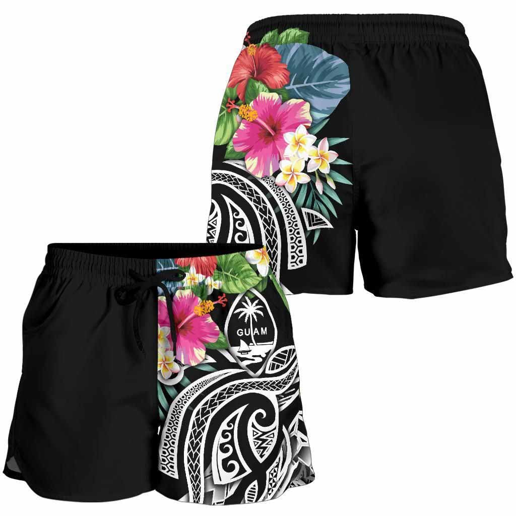 Guam Polynesian Women Shorts - Summer Plumeria (Black)
