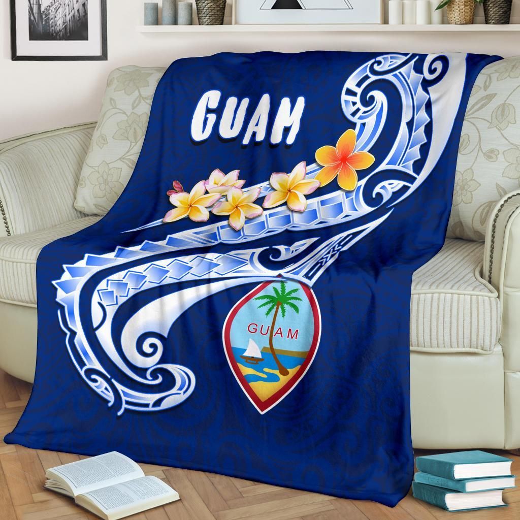 Guam Premium Blanket - Guam Seal Polynesian Patterns Plumeria (Blue)
