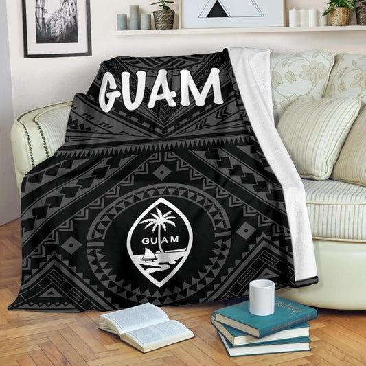 Guam Premium Blanket - Guam Seal With Polynesian Tattoo Style (Black)