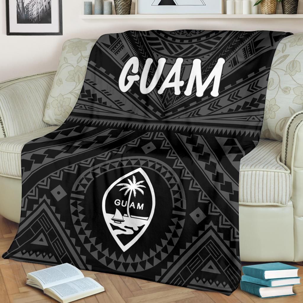 Guam Premium Blanket - Guam Seal With Polynesian Tattoo Style (Black)