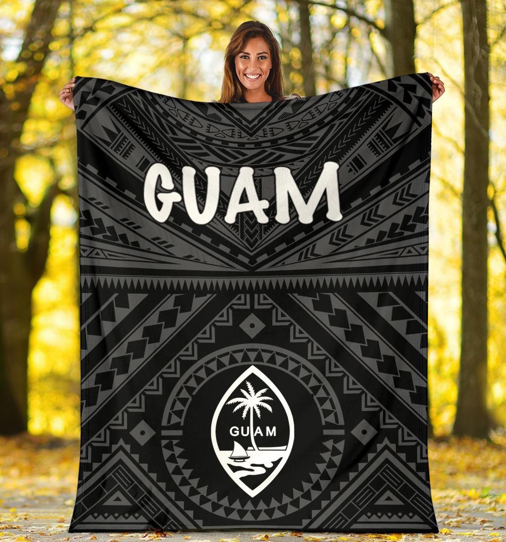 Guam Premium Blanket - Guam Seal With Polynesian Tattoo Style (Black)