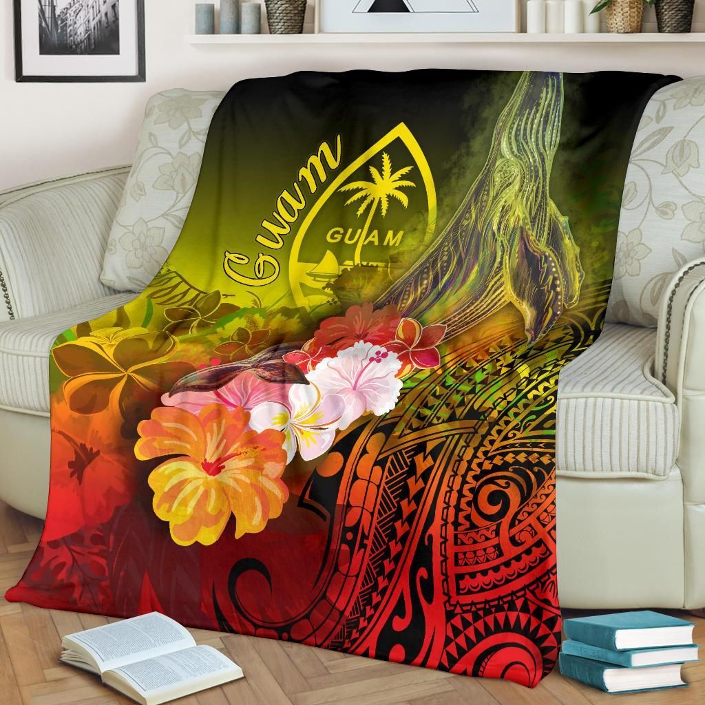 Guam Premium Blanket - Humpback Whale with Tropical Flowers (Yellow)
