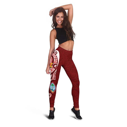 Guam Premium Legging - Guam Seal Polynesian Patterns Plumeria (Red)