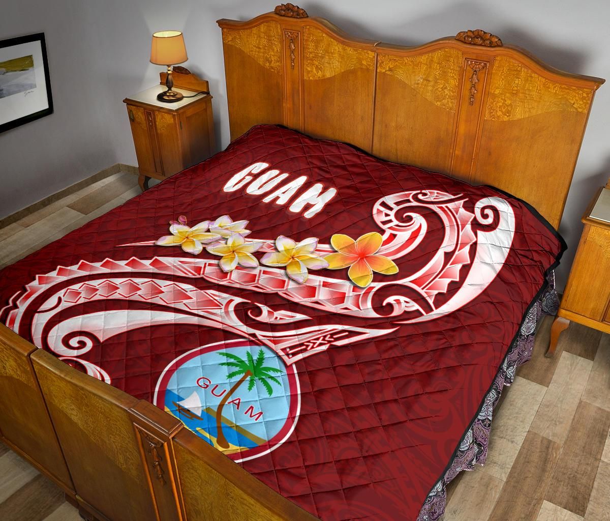 Guam Premium Quilt - Guam Seal Polynesian Patterns Plumeria (Red)