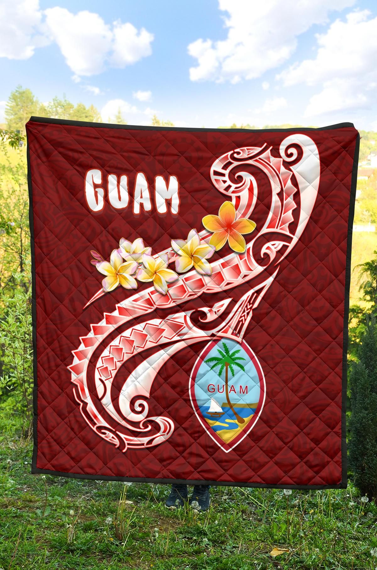 Guam Premium Quilt - Guam Seal Polynesian Patterns Plumeria (Red)