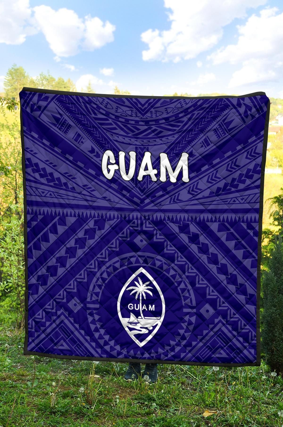 Guam Premium Quilt  - Guam Seal With Polynesian Tattoo Style (Blue)
