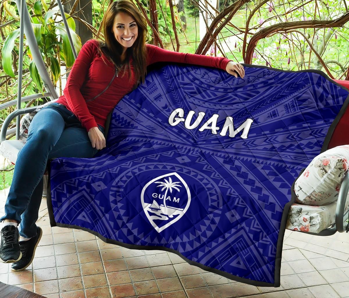 Guam Premium Quilt  - Guam Seal With Polynesian Tattoo Style (Blue)