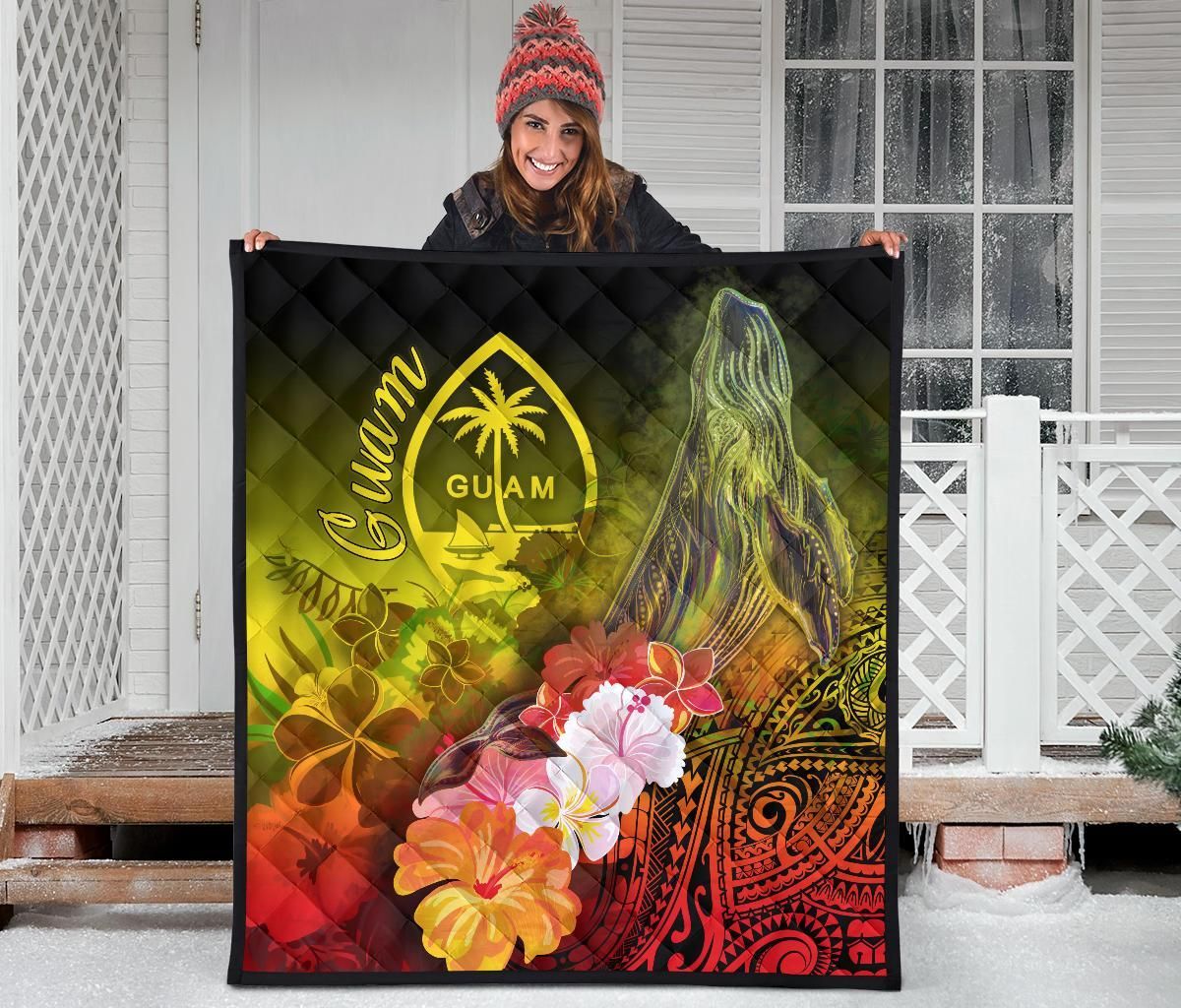 Guam Premium Quilt - Humpback Whale with Tropical Flowers (Yellow)