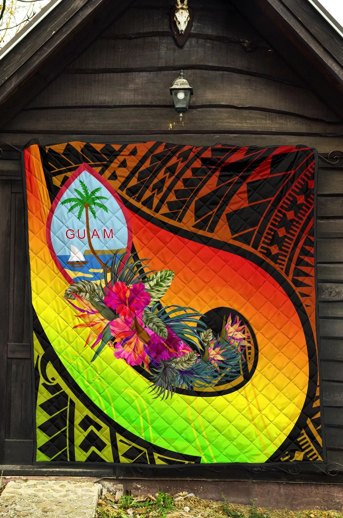 Guam Premium Quilt - Polynesian Hook And Hibiscus (Reggae)