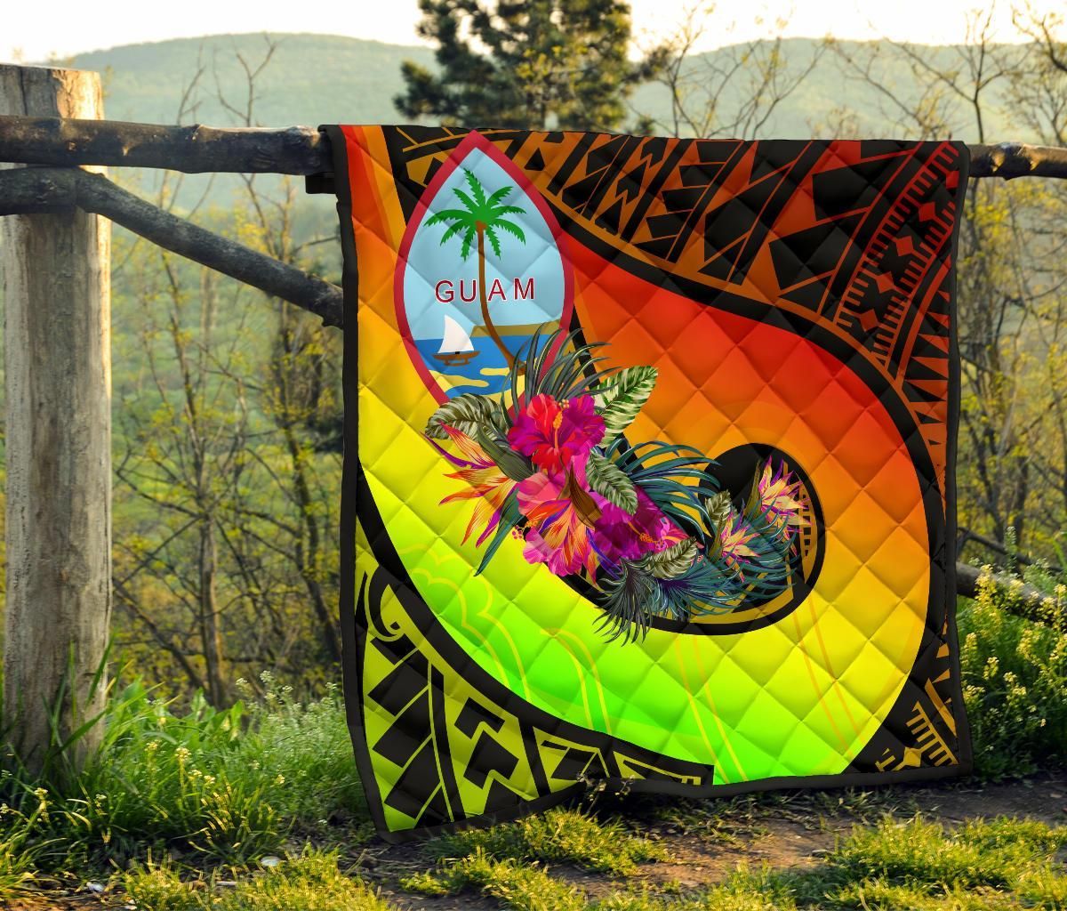 Guam Premium Quilt - Polynesian Hook And Hibiscus (Reggae)