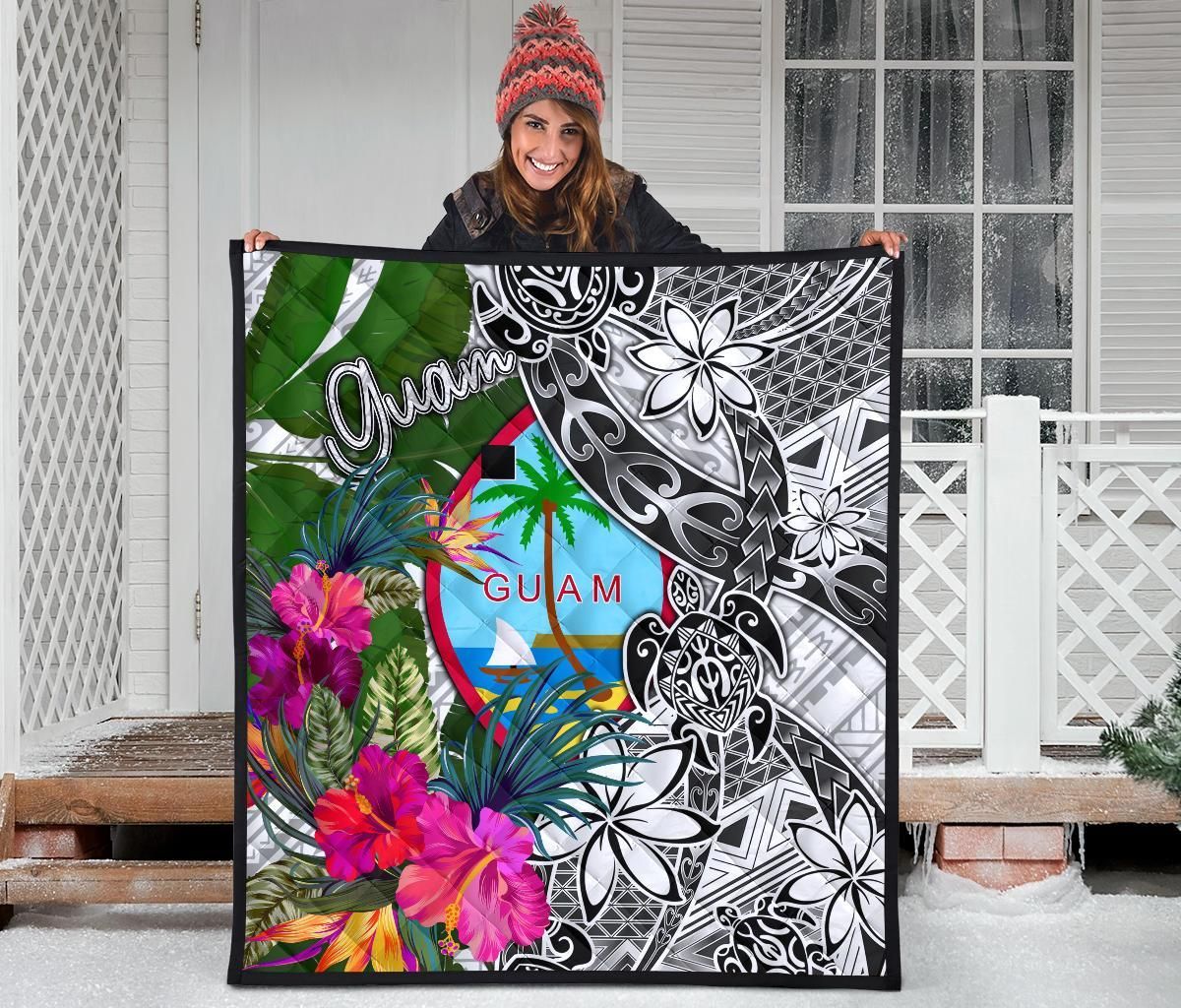 Guam Premium Quilt White - Turtle Plumeria Banana Leaf