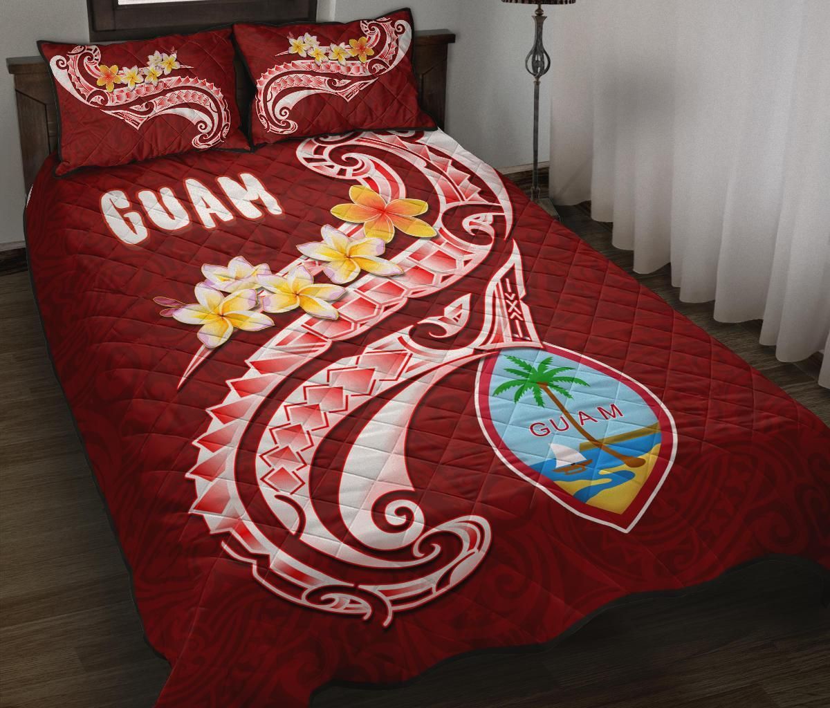 Guam Quilt Bed Set - Guam Seal Polynesian Patterns Plumeria (Red)