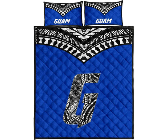 Guam Quilt Bed Set - Guam Polynesian Tattoo Blue Version