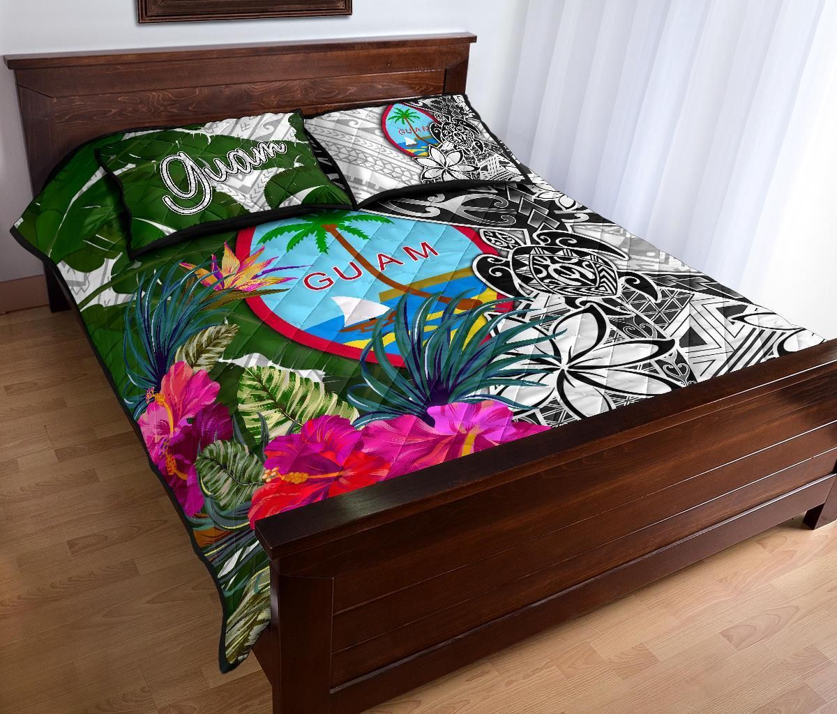 Guam Quilt Bed Set White - Turtle Plumeria Banana Leaf