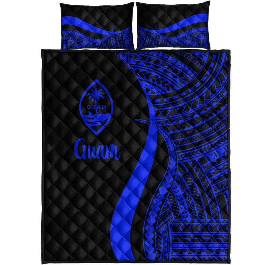 Guam Quilt Bed Set - Blue Polynesian Tentacle Tribal Pattern