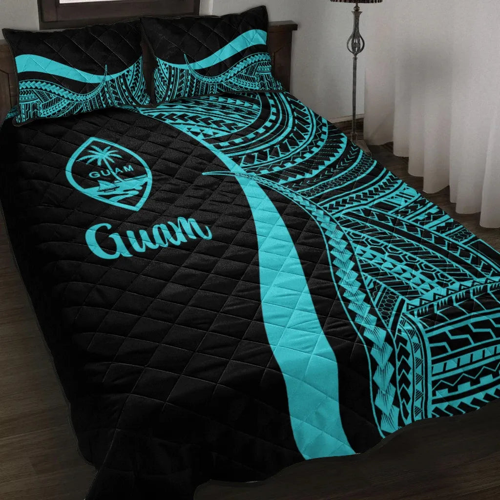 Guam Quilt Bed Set - Turquoise Polynesian Tentacle Tribal Pattern