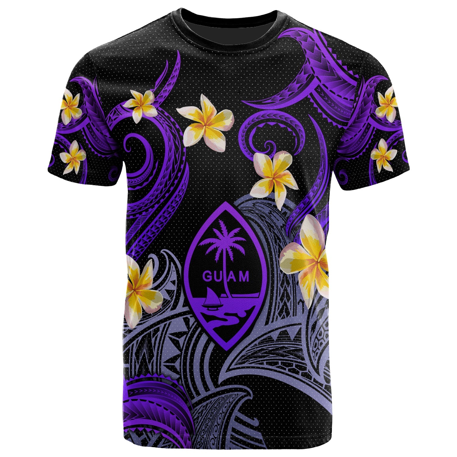 Guam T-shirt - Custom Personalised Polynesian Waves with Plumeria Flowers (Purple)