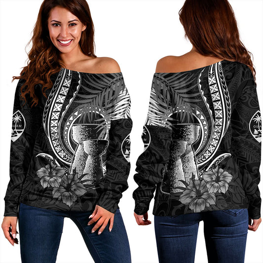 Guam Off Shoulder Sweatshirt Tribal Latte Stone Tropical Style