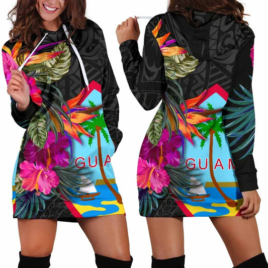 Guam Female Hoodie Dress - Hibiscus Polynesian Pattern