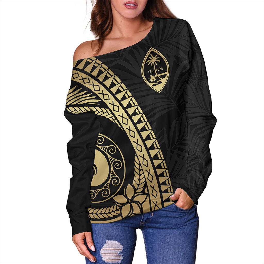 Guam Off Shoulder Sweatshirt Tribal Pattern Golden