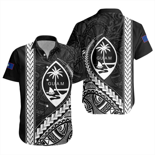 Guam Short Sleeve Shirt Tribal Micronesian Coat Of Arms Gray