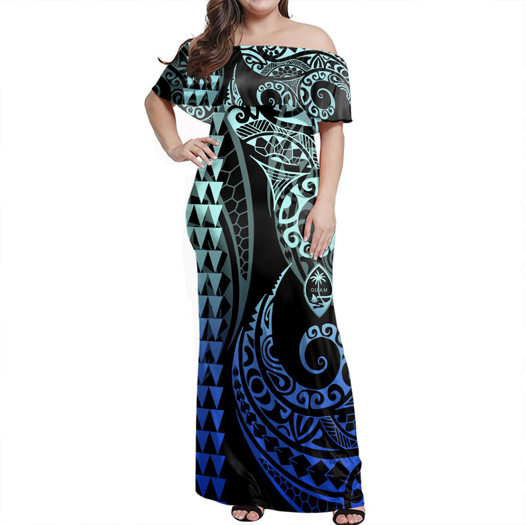 Guam Woman Off Shoulder Long Dress Coat Of Arms Kakau Style Gradient Blue