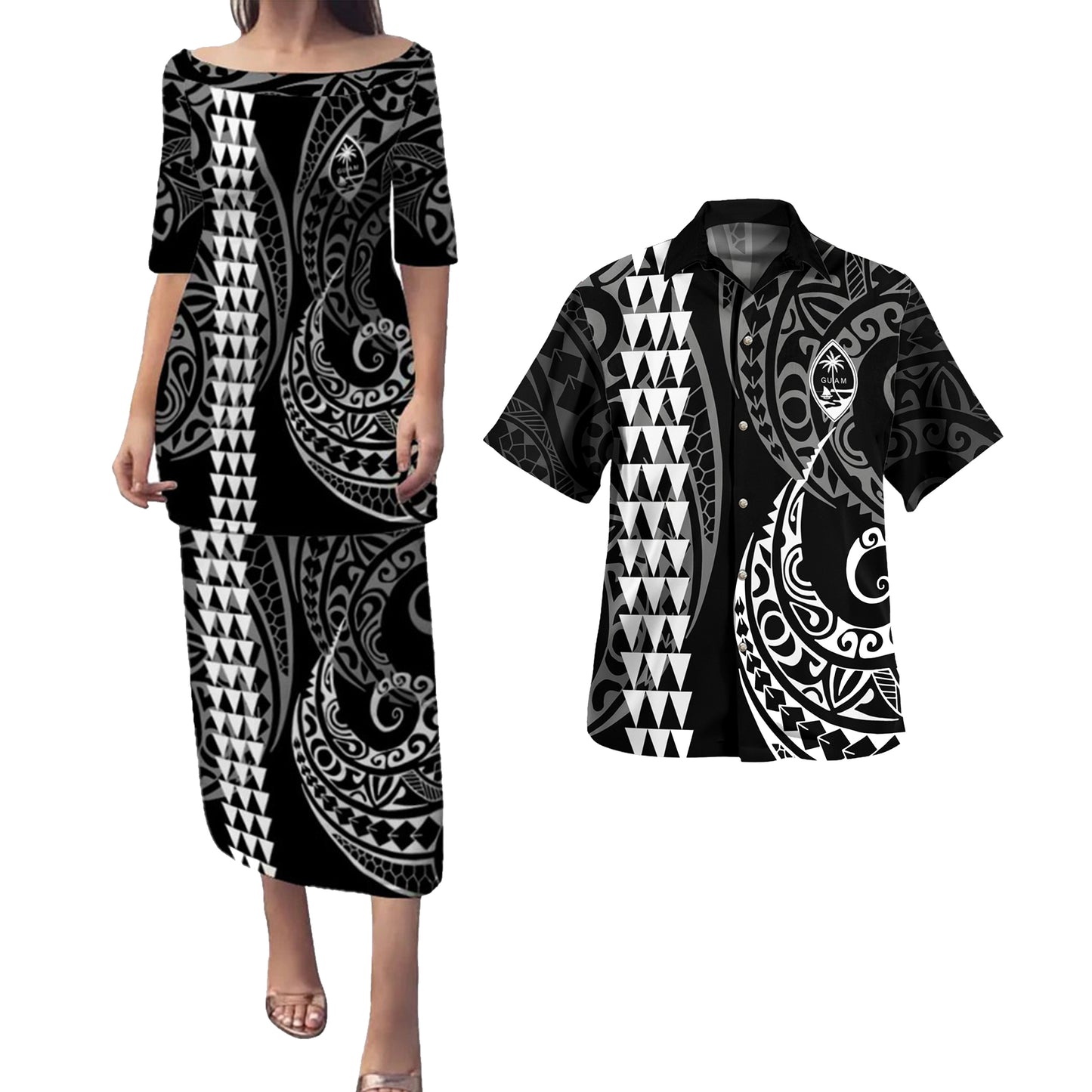 Guam Combo Puletasi And Shirt Kakau Style White