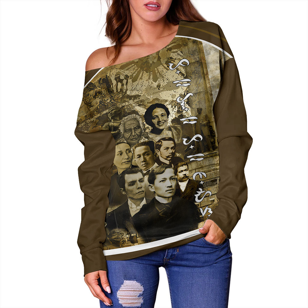 Philippines Filipinos Off Shoulder Sweatshirt National Heroes Background