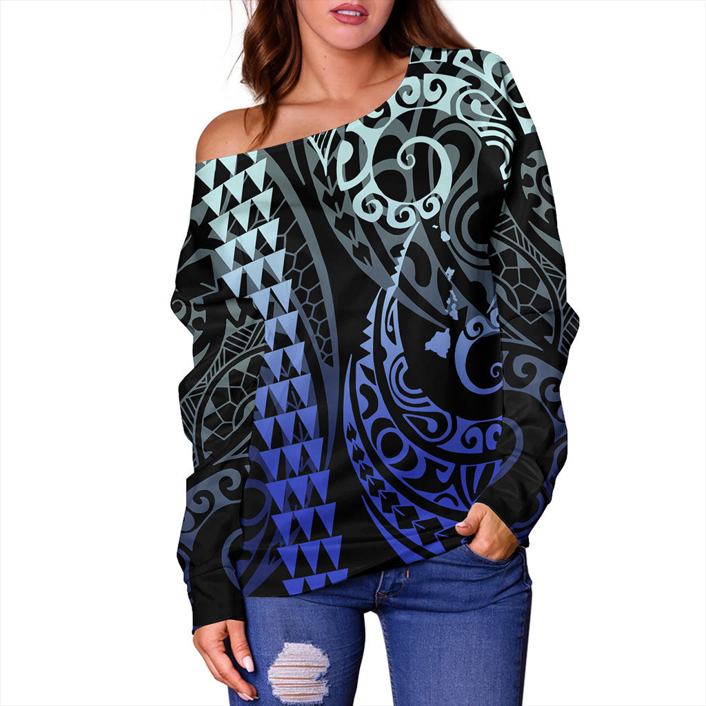 Hawaii Off Shoulder Sweatshirt Map Kakau Style