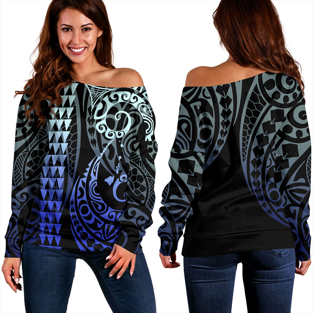 Hawaii Off Shoulder Sweatshirt Map Kakau Style