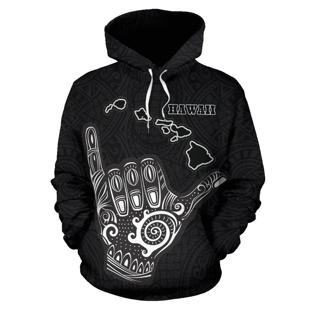 Hawaii All Over Hoodie - Polynesian Shaka Hawaii Map Black