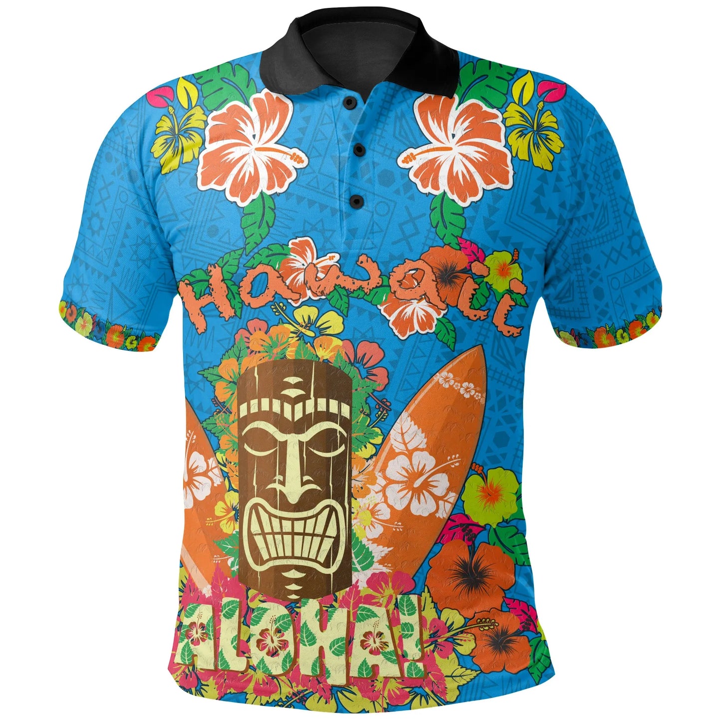 Hawaii All Over Polo Shirt - Aloha Hawaii Tiki Statue(Blue)