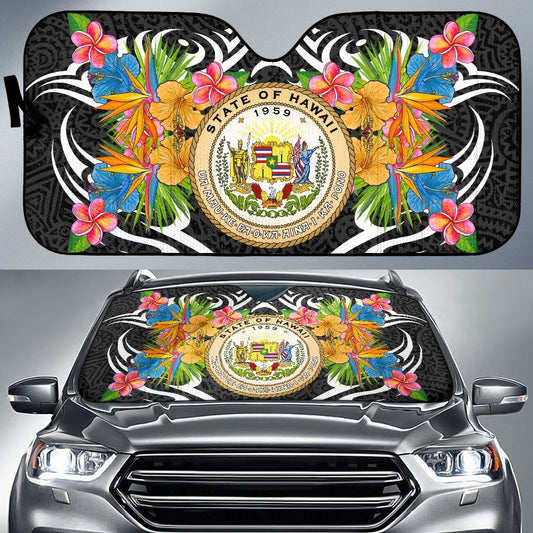 Hawaii Auto Sun Shades - Coat Of Arms With Tropical Flowers
