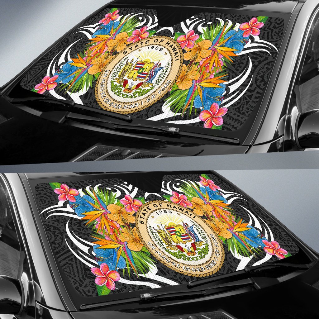 Hawaii Auto Sun Shades - Coat Of Arms With Tropical Flowers