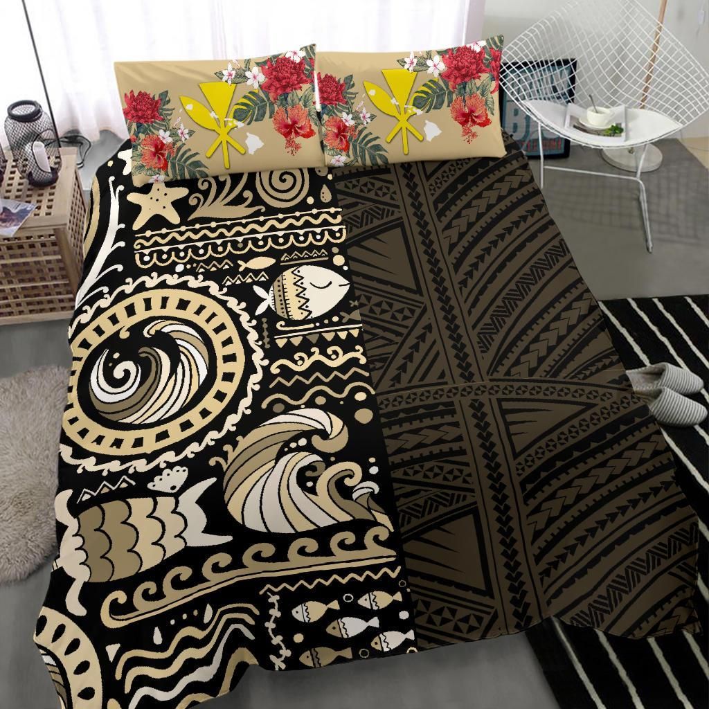 Polynesian Duvet Cover Set - Hawaii Bedding Set Gold Polynesian Hibiscus Tribal Style