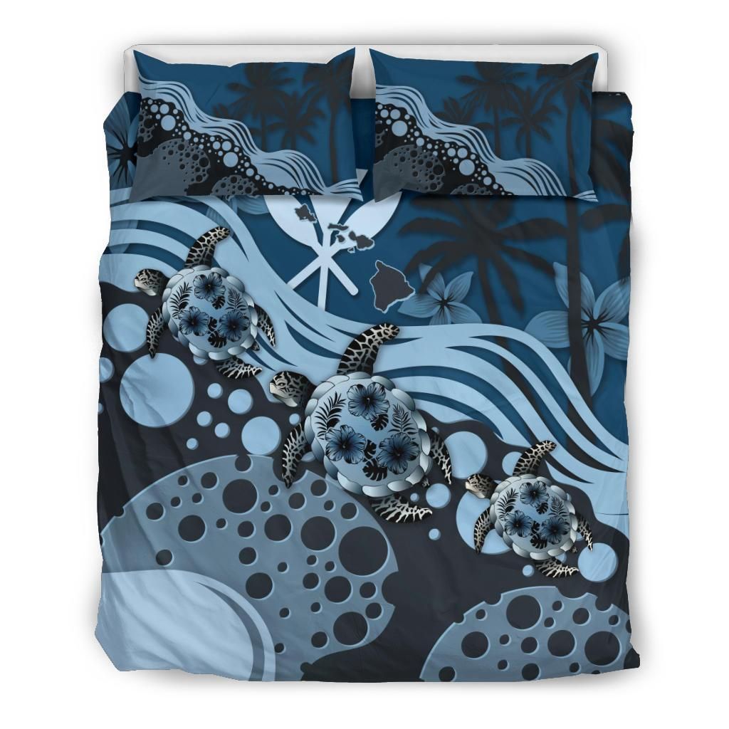 Polynesian Duvet Cover Set - Hawaii Bedding Set Dark Blue Turtle Hibiscus