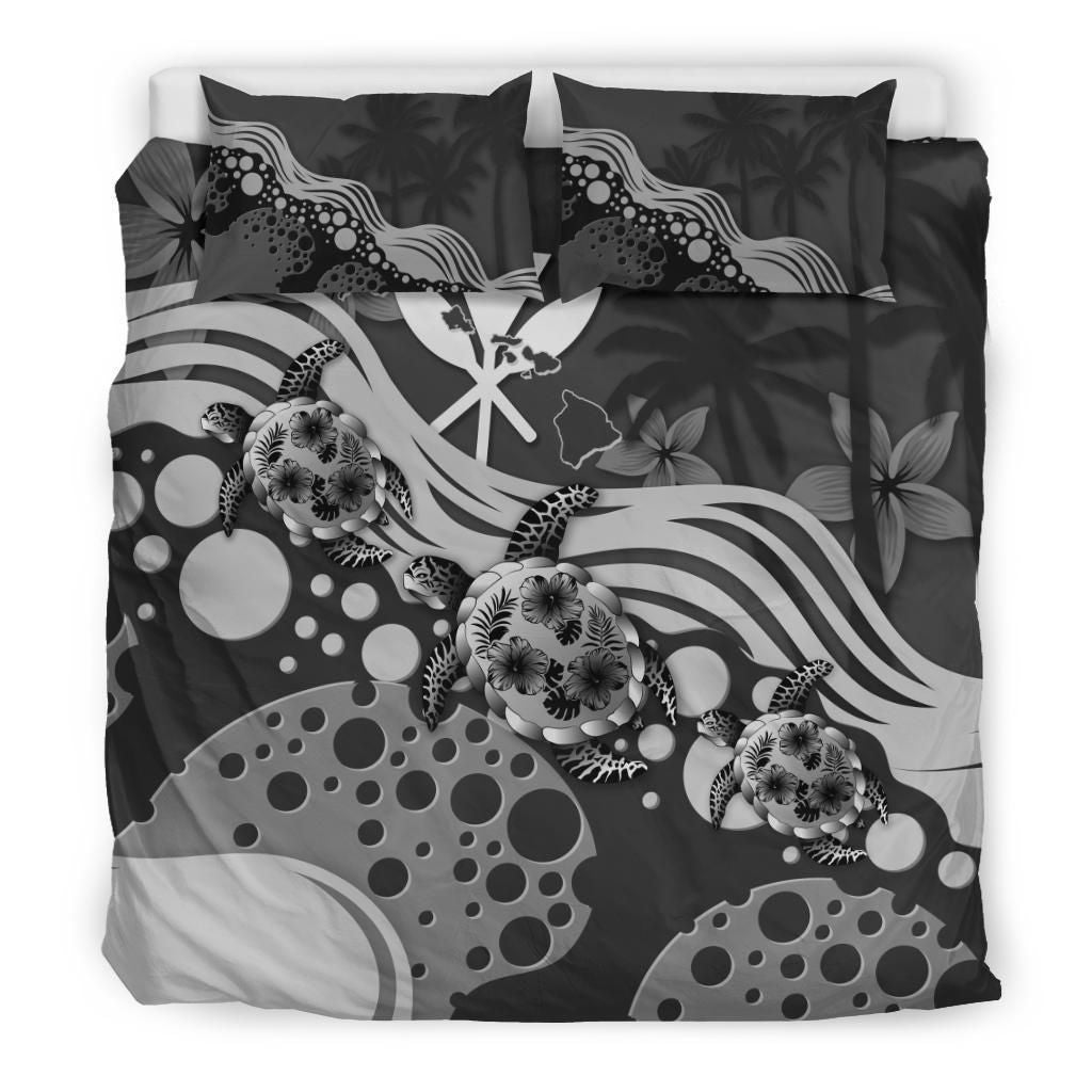Polynesian Duvet Cover Set - Hawaii Bedding Set Gray Turtle Hibiscus