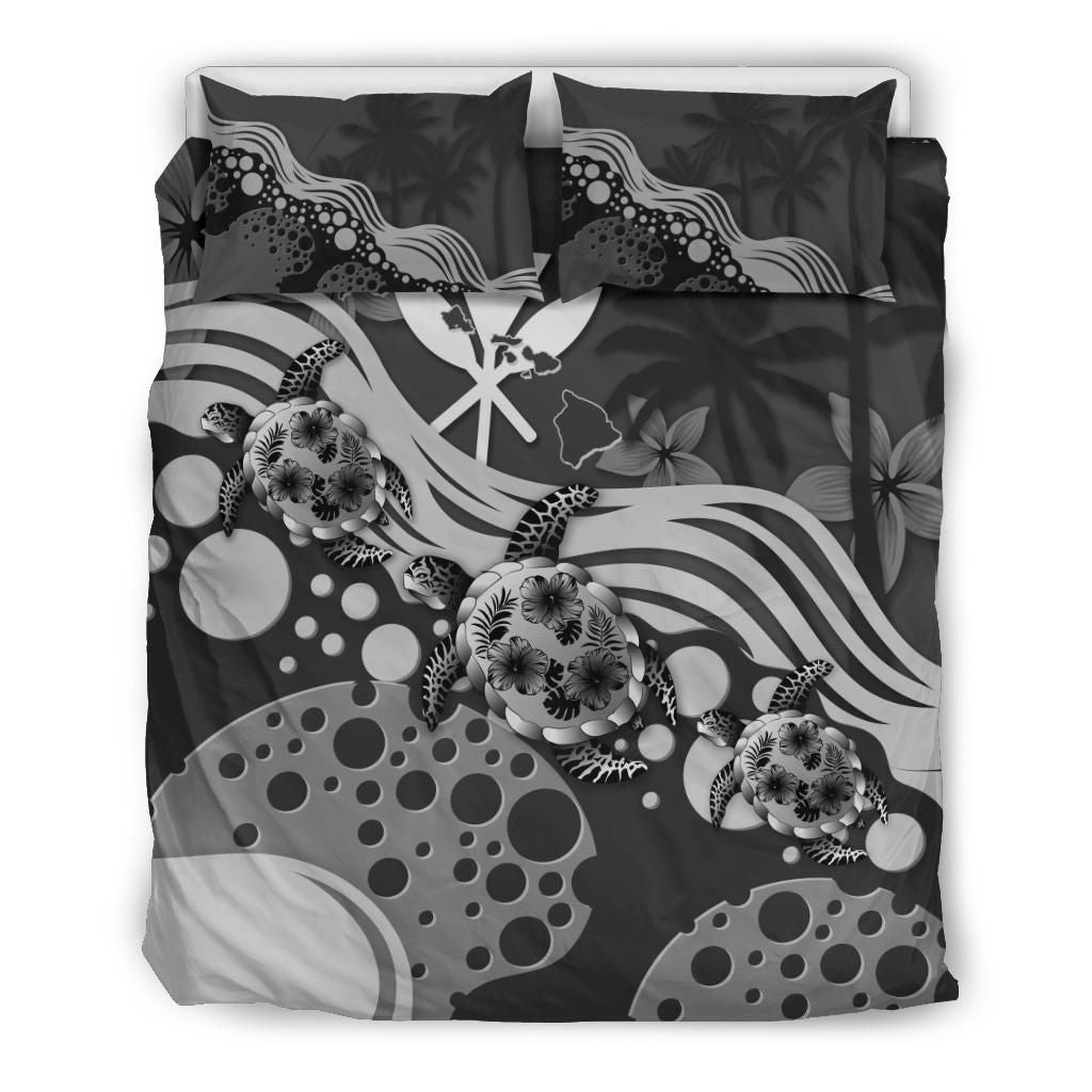 Polynesian Duvet Cover Set - Hawaii Bedding Set Gray Turtle Hibiscus