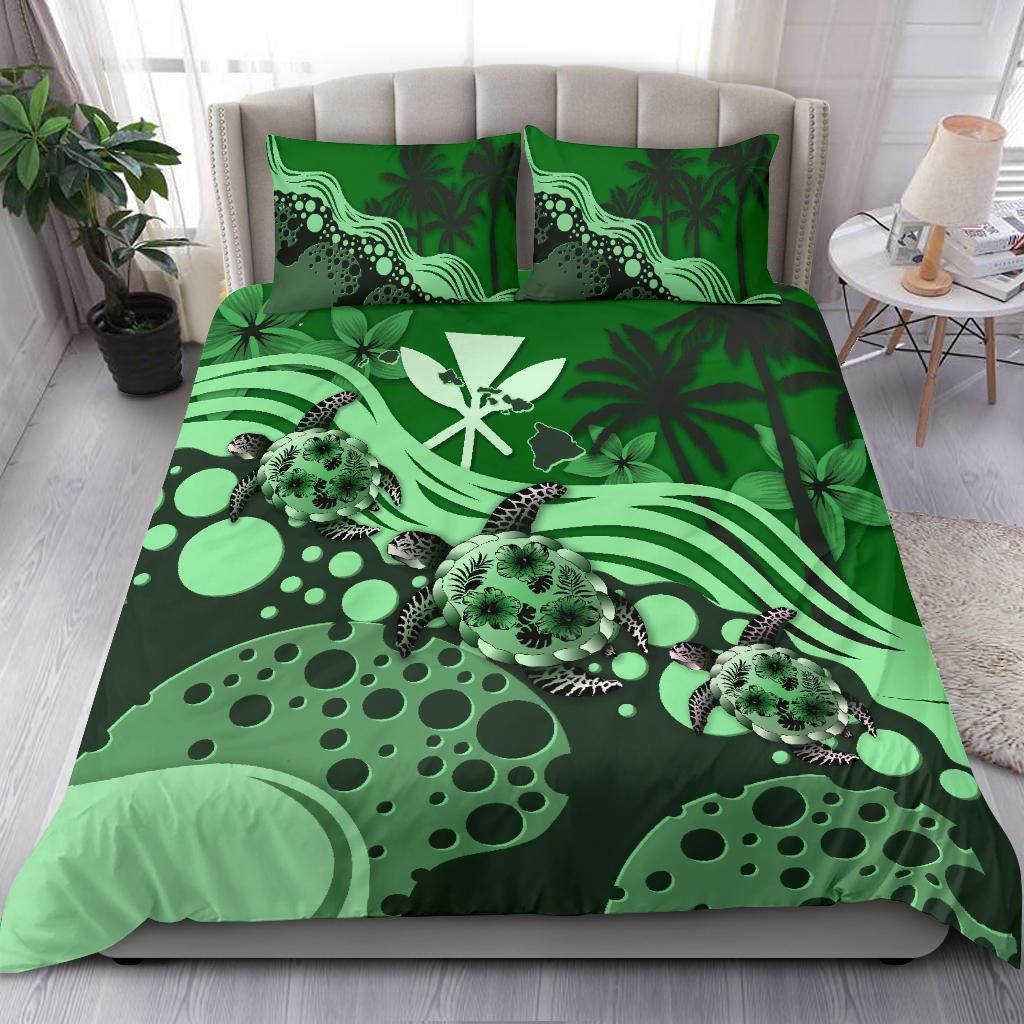 Polynesian Duvet Cover Set - Hawaii Bedding Set Green Turtle Hibiscus