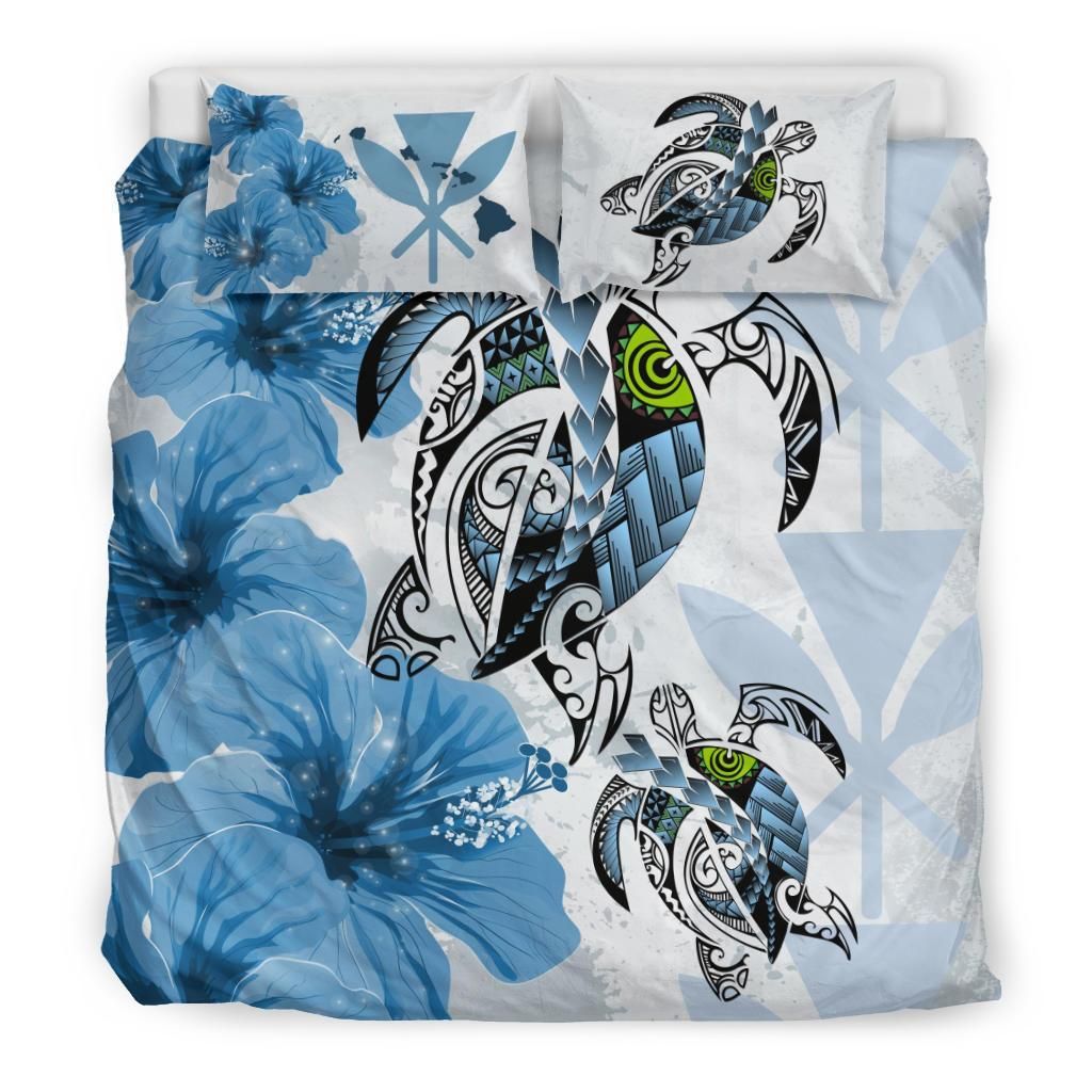 Polynesian Duvet Cover Set - Hawaii Bedding Set Polynesia Turtle Hibiscus Blue
