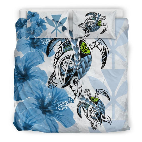 Polynesian Duvet Cover Set - Hawaii Bedding Set Polynesia Turtle Hibiscus Blue