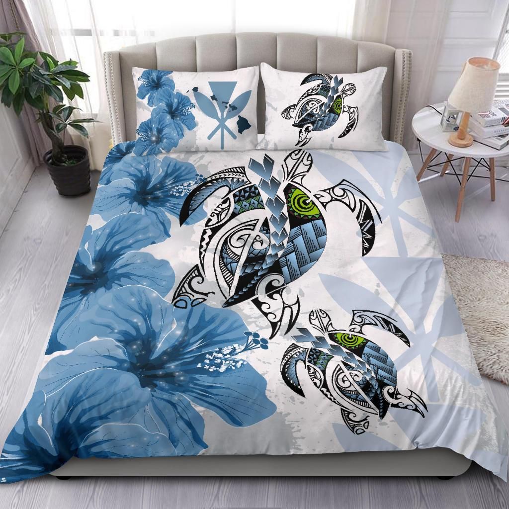 Polynesian Duvet Cover Set - Hawaii Bedding Set Polynesia Turtle Hibiscus Blue
