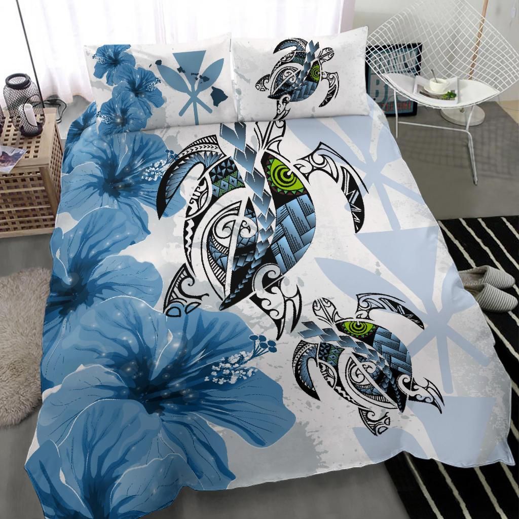 Polynesian Duvet Cover Set - Hawaii Bedding Set Polynesia Turtle Hibiscus Blue