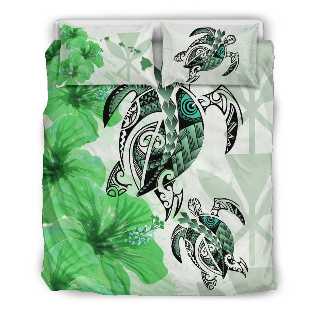 Polynesian Duvet Cover Set - Hawaii Bedding Set Polynesia Turtle Hibiscus Green
