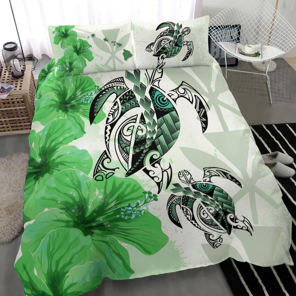 Polynesian Duvet Cover Set - Hawaii Bedding Set Polynesia Turtle Hibiscus Green